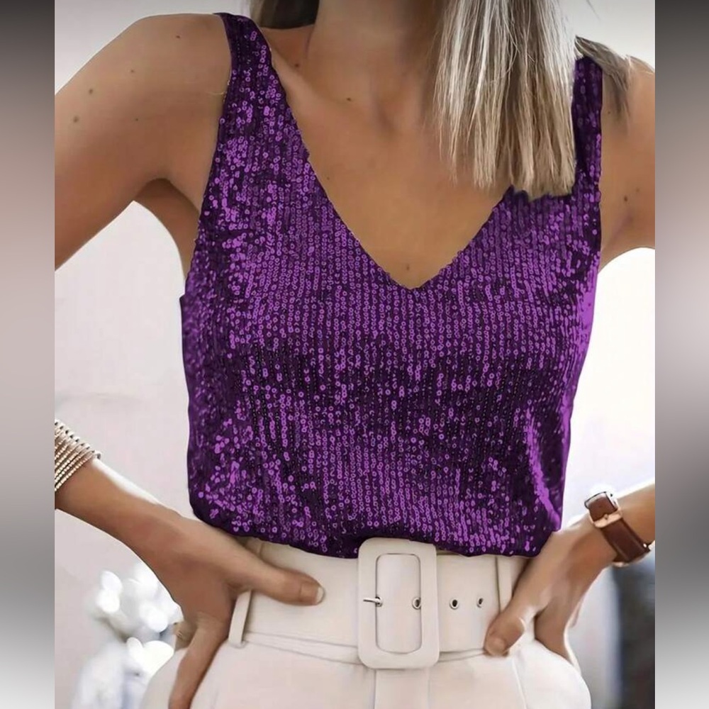 Plus Size Luxe Sequin V-Neck Tank Top Blouse Shirt Purple